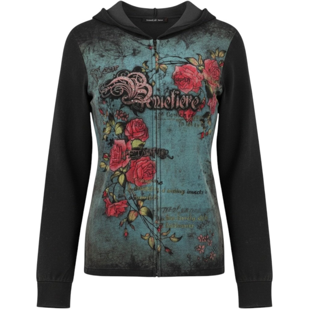 Somewhere Y2K Grunge Rose Graphic‎ Zip Up Hoodie Black Blue Rhinestone USA Made